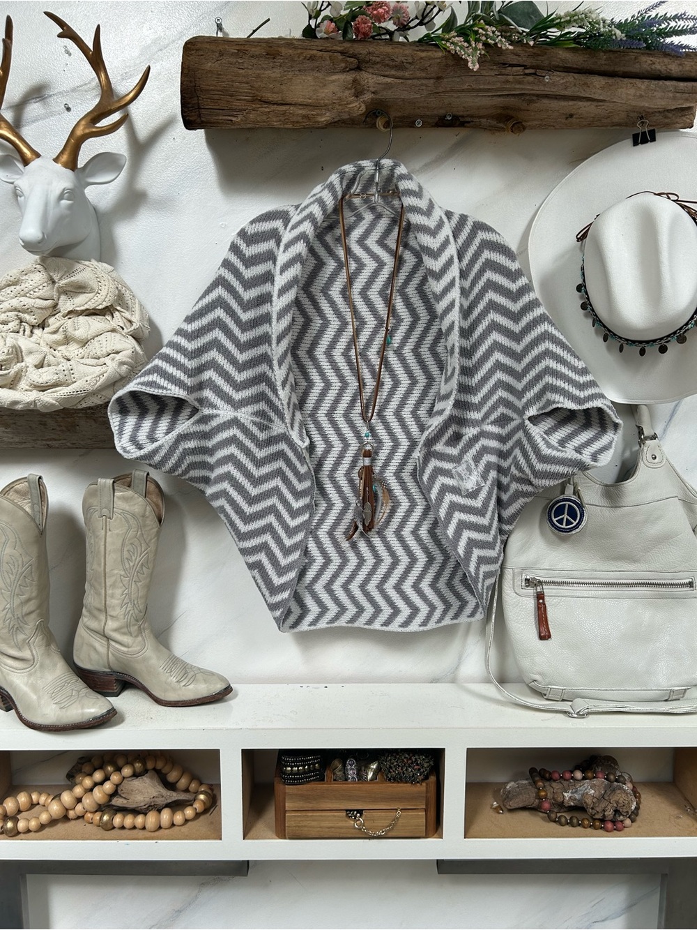 Gray Chevron Knit Shawl Cardigan - Unbranded